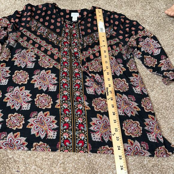 Chico's Parisian Medallion Lace-Up Top SZ 2 (LG) boho flowy 3/4 sleeve neck tie - Picture 6 of 10